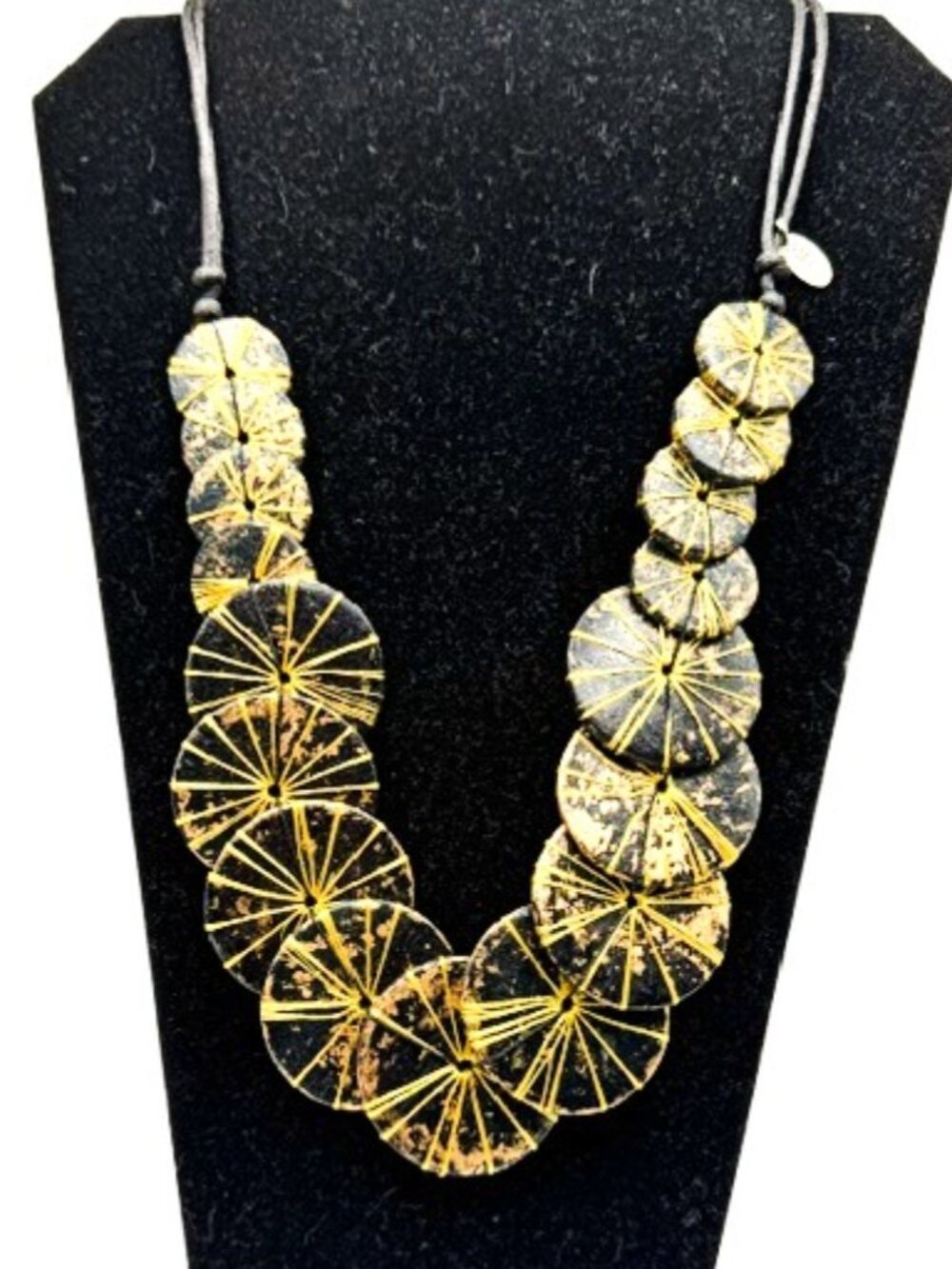 SYLCA Black Gold Tone Wood Disc Double Cord Boho Statement Necklace